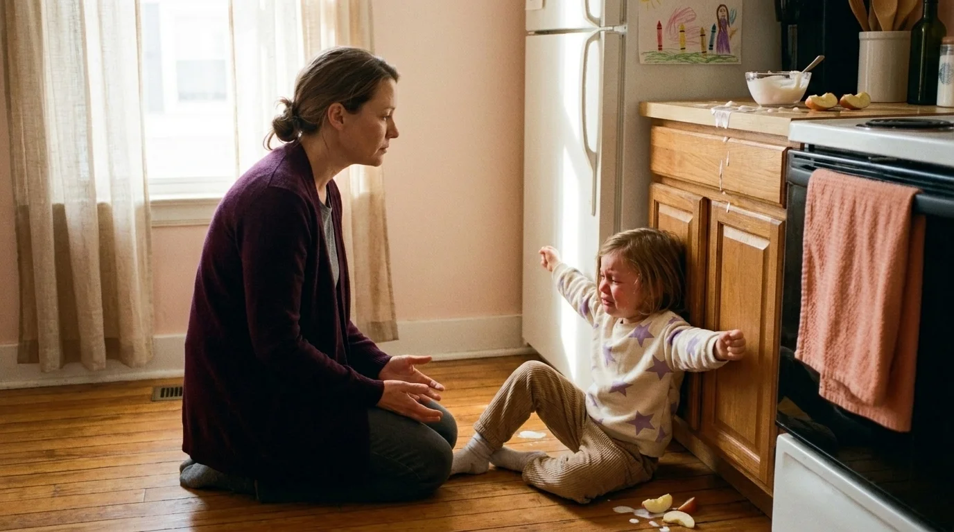 Mother kneeling on a kitchen floor across from a crying four-year-old, spilled yogurt and apple slices between them