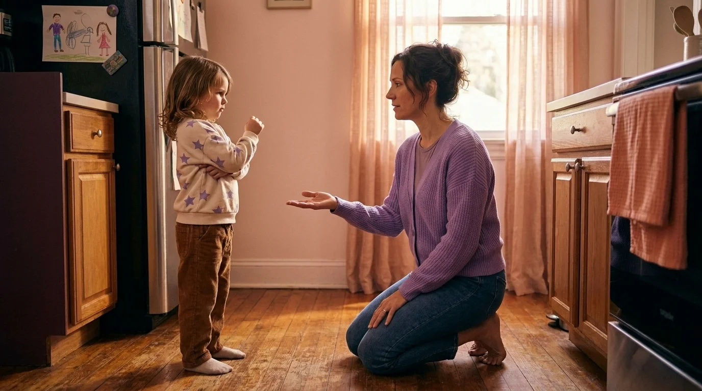 Mother kneeling on the kitchen floor at her preschooler's eye level with one palm open, talking through a small frustration