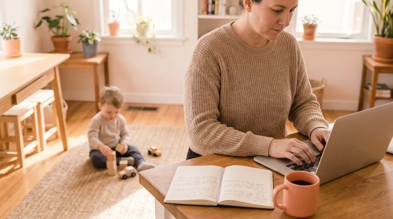 Parent working on a laptop at a kitchen table while a young child plays with wooden toys nearby in daylight