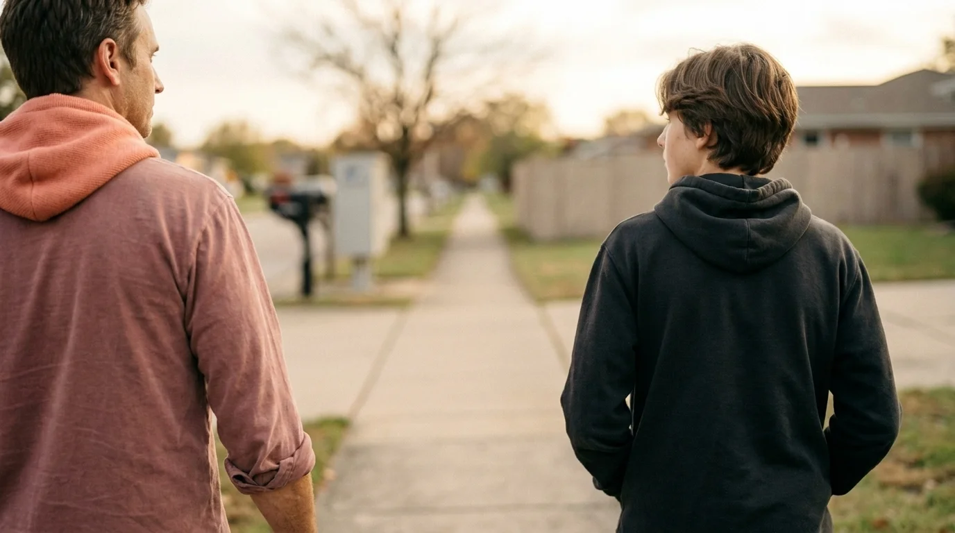 Parent and teenager walking side-by-side on a suburban sidewalk in late-afternoon light, teen with hands in pockets