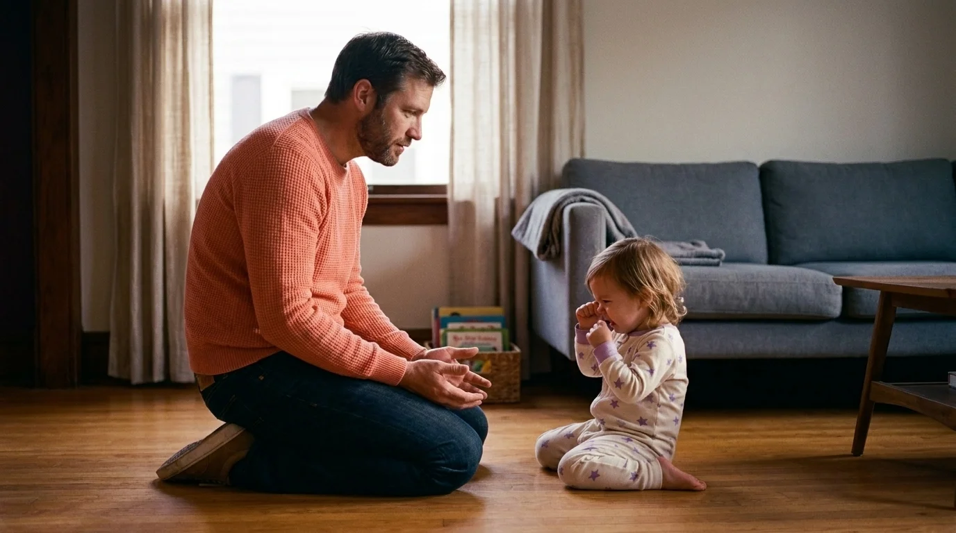 Father kneeling on a wooden living-room floor at a toddler's eye level, hands resting open on his thighs as the child cries