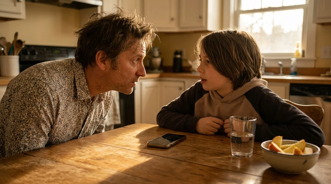 Parent and a young person at a kitchen table in mid-conversation with a smartphone resting on the table between them
