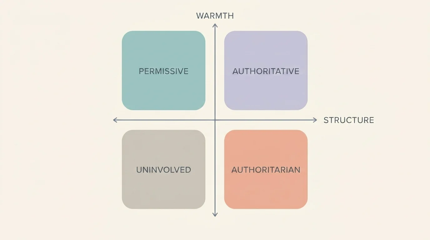 Two-by-two diagram plotting authoritative, authoritarian, permissive, and uninvolved styles by warmth and structure