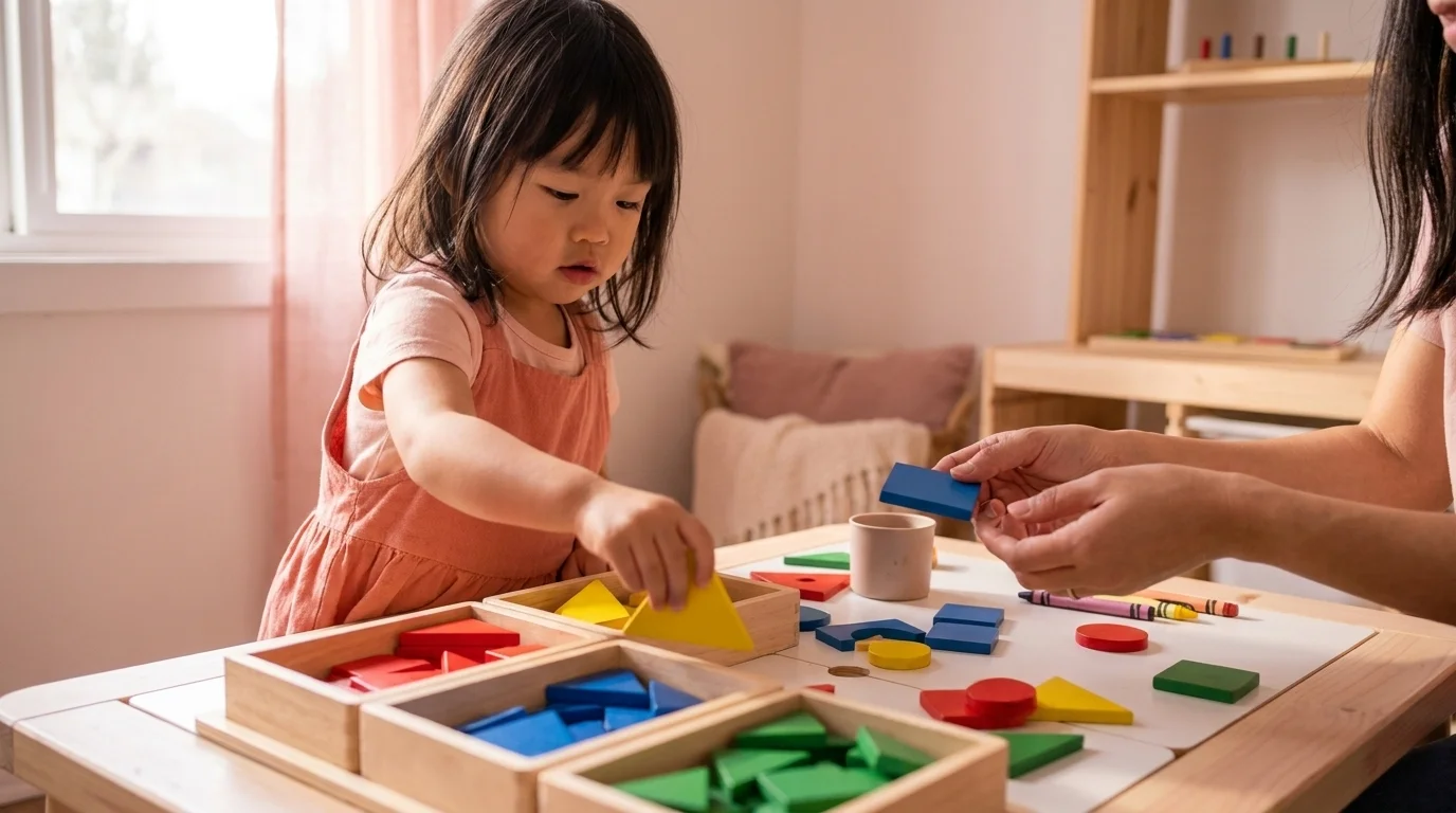 A preschooler sorting brightly coloured wooden shapes into matching bins with a parent hand offering another piece