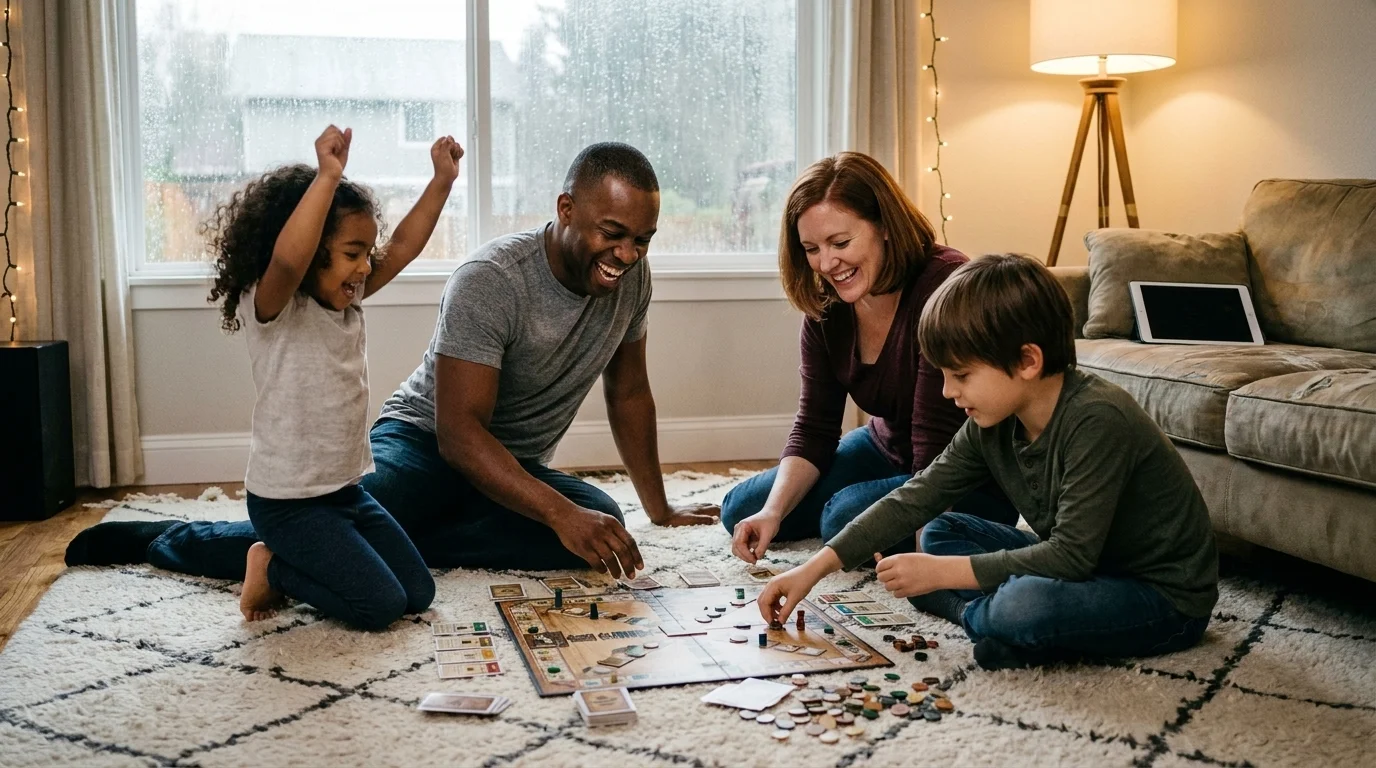A family gathered on a living-room rug for a rainy-day board game, a switched-off tablet set aside on the couch