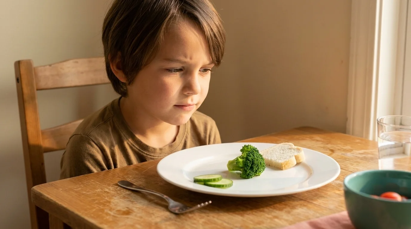 School-age child at a kitchen table looking skeptically at a plain plate with one steamed broccoli floret