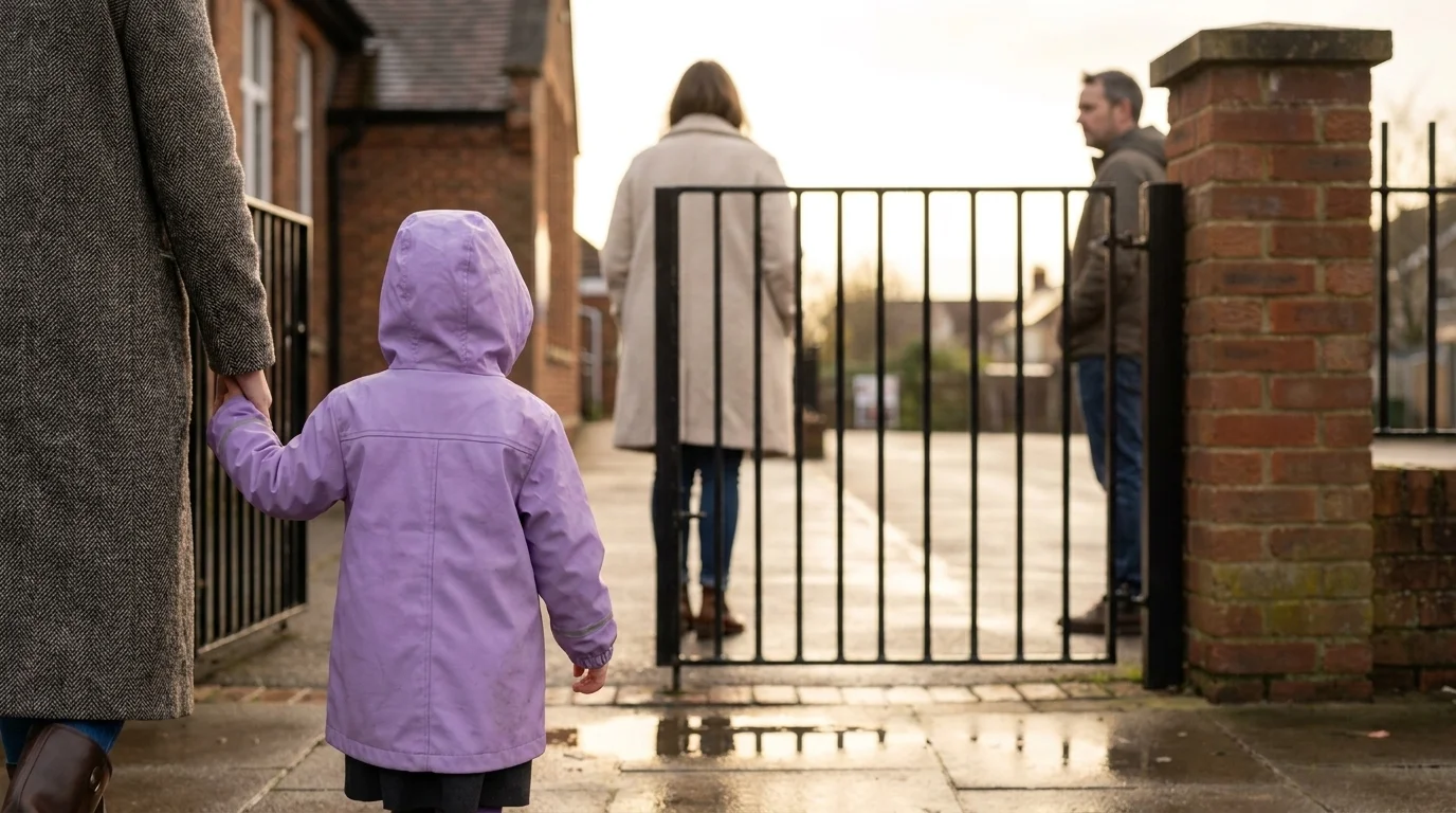 Wet pavement at a British school gate at end of day, parents in coats, back of a child's bright raincoat, iron fence
