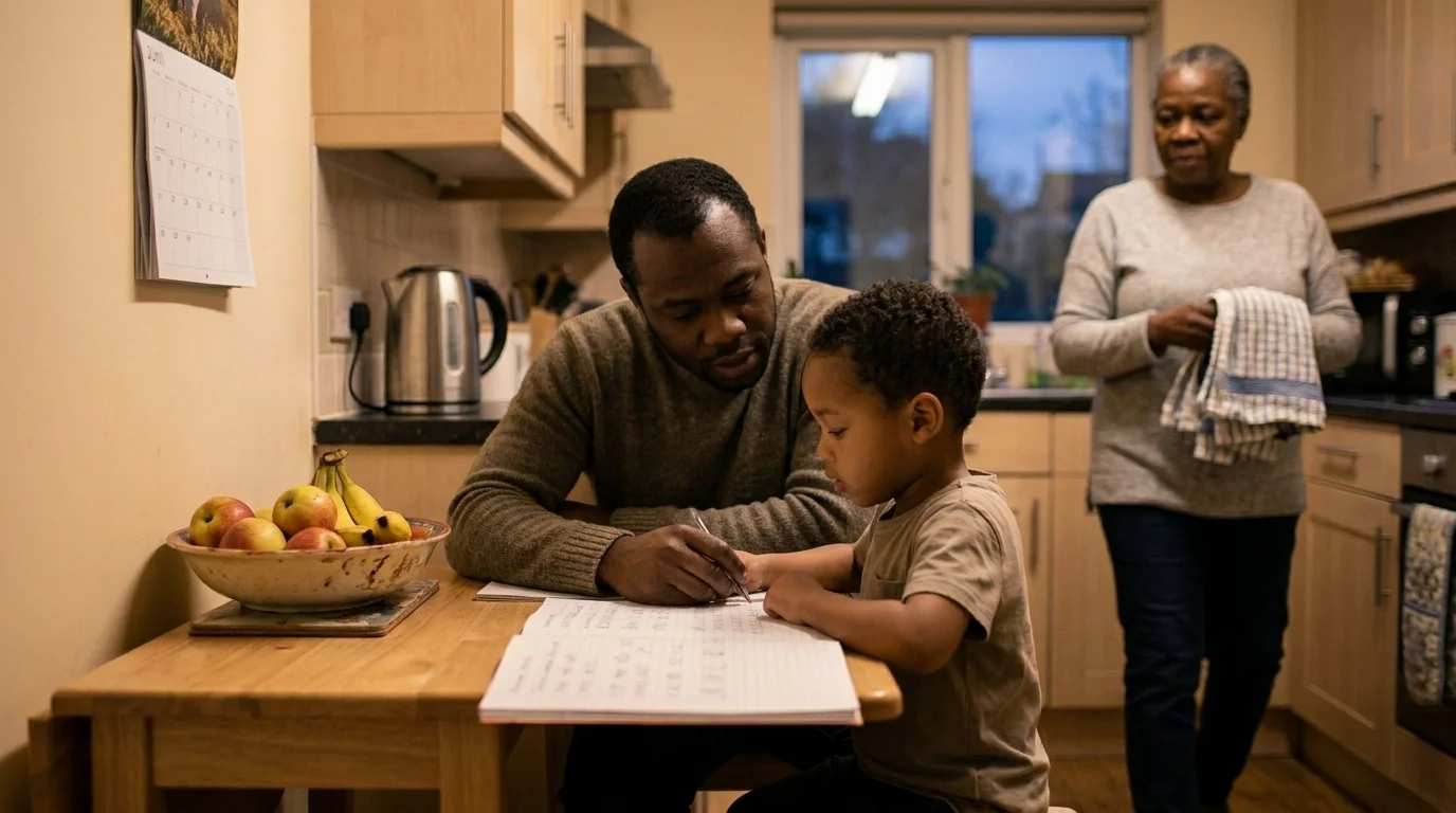 Single father helping his school-aged child with homework as a grandparent moves through the room behind them