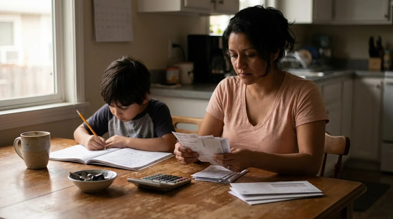 Single parent sorting household bills and paperwork at the kitchen table while a child does homework nearby