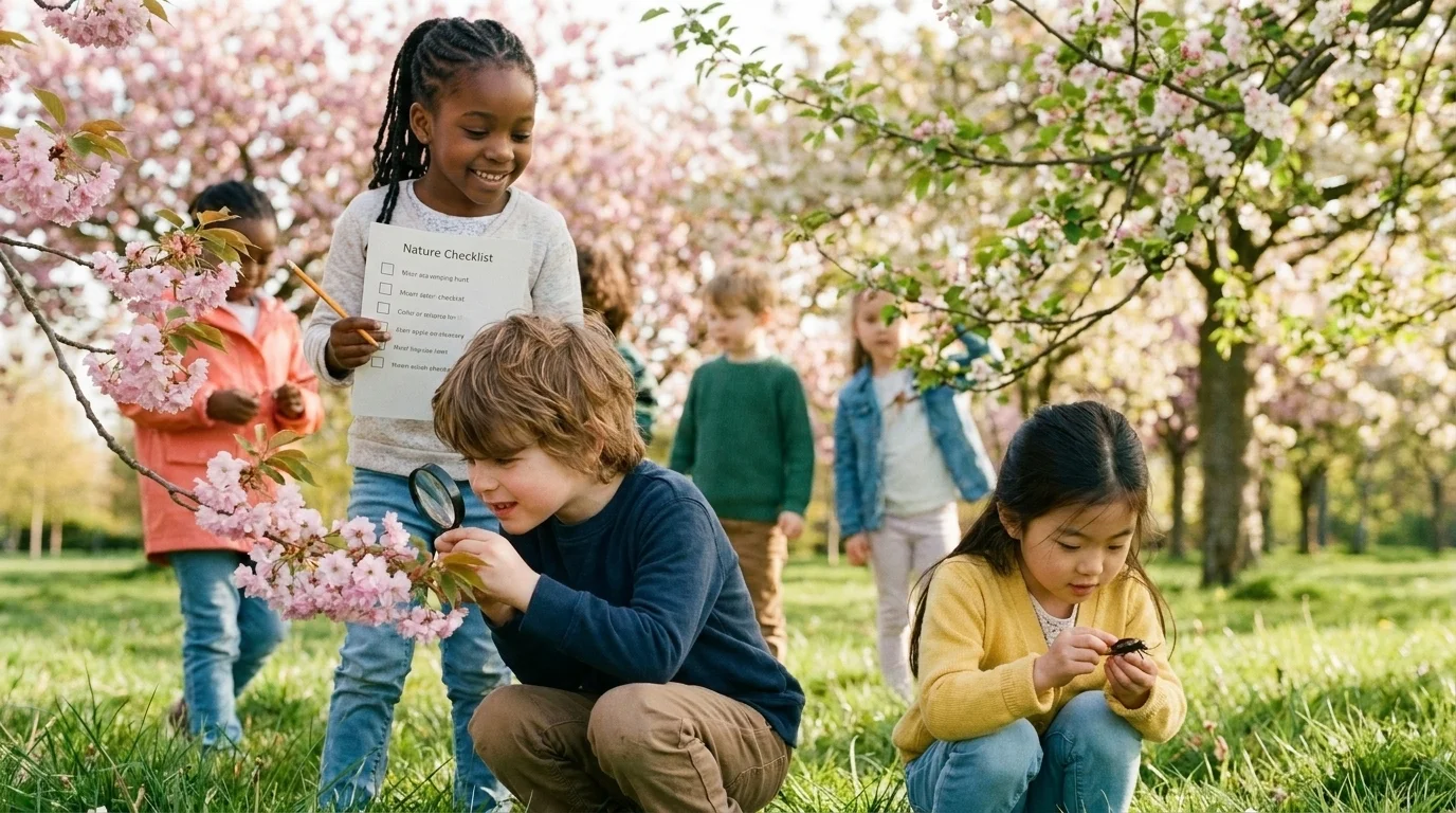 A diverse group of children on a spring nature scavenger hunt in a park, with a checklist and magnifying glass