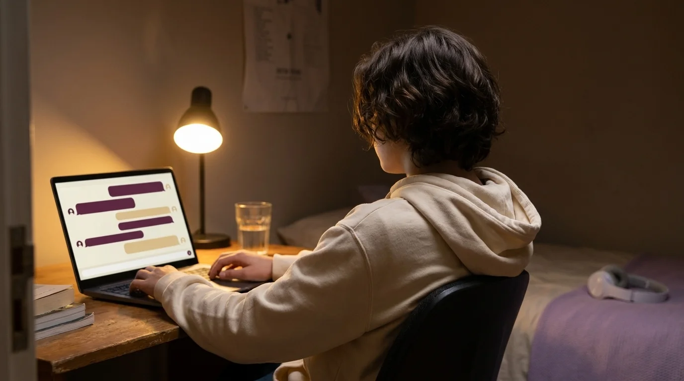 Teenager at a bedroom desk in late evening using an AI chat on a laptop, warm lamp light, lavender throw on the bed