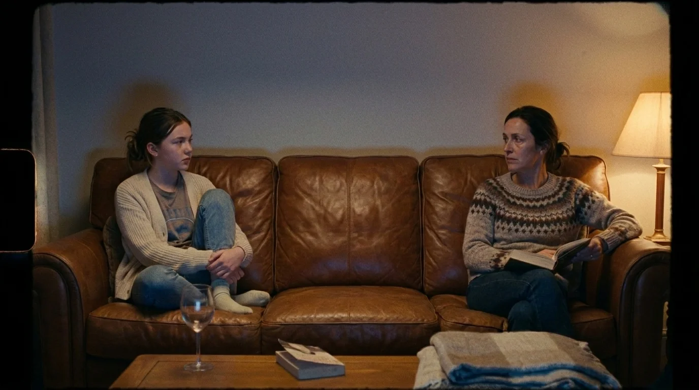 Teenage daughter and mother sitting apart on a worn leather couch, the quiet tension best mother daughter movies refuse to settle