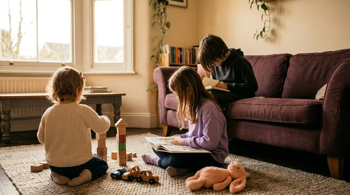 Three children of clearly different ages playing together in a domestic living room in late-afternoon light