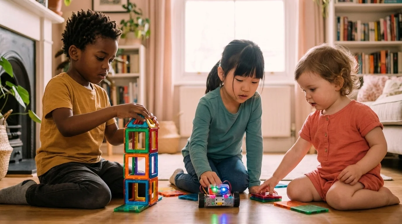 Three children of different backgrounds building with colorful magnetic tiles and a coding robot on the floor