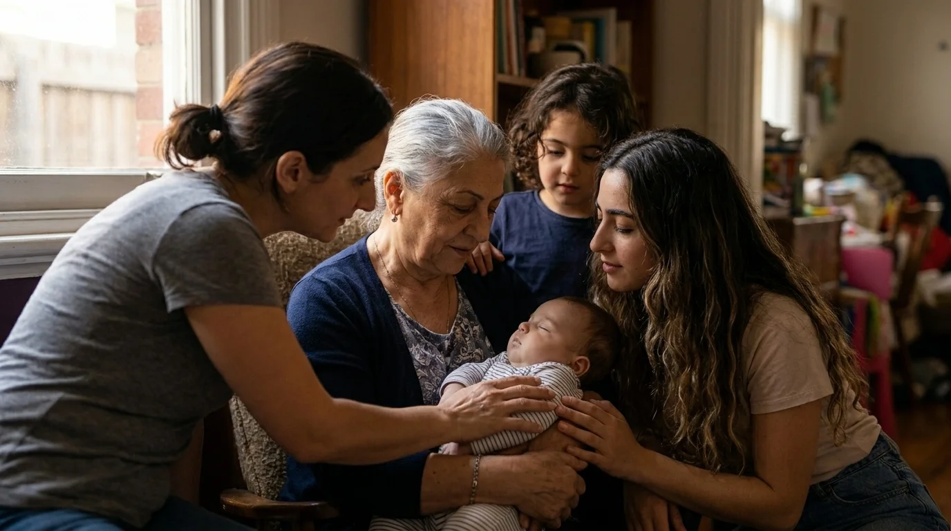 Three women of different generations and an older child gathered around a sleeping infant in soft daylight