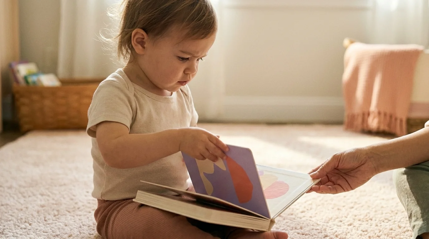 Two-year-old turning board-book pages with a parent's hand steadying it — daily input for brain development in toddlers