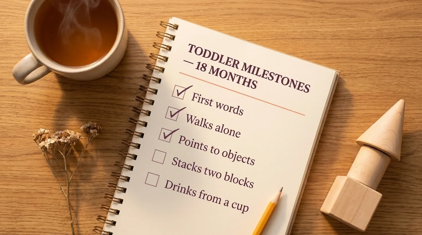 Notebook "Toddler Milestones — 18 Months" with five items, three ticked, beside a mug and a wooden stacking toy