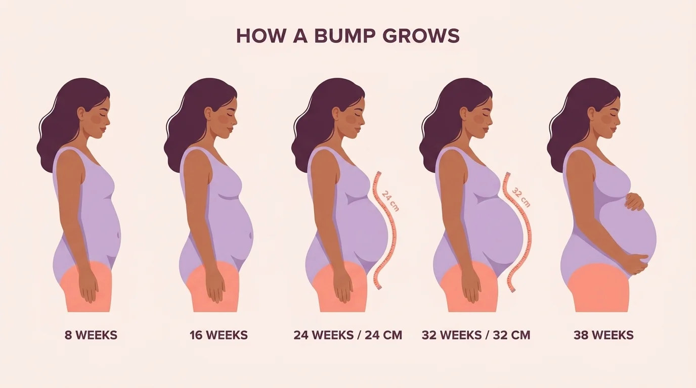 A five-stage profile strip of the same pregnant belly growing from 8 to 38 weeks with fundal-height labels