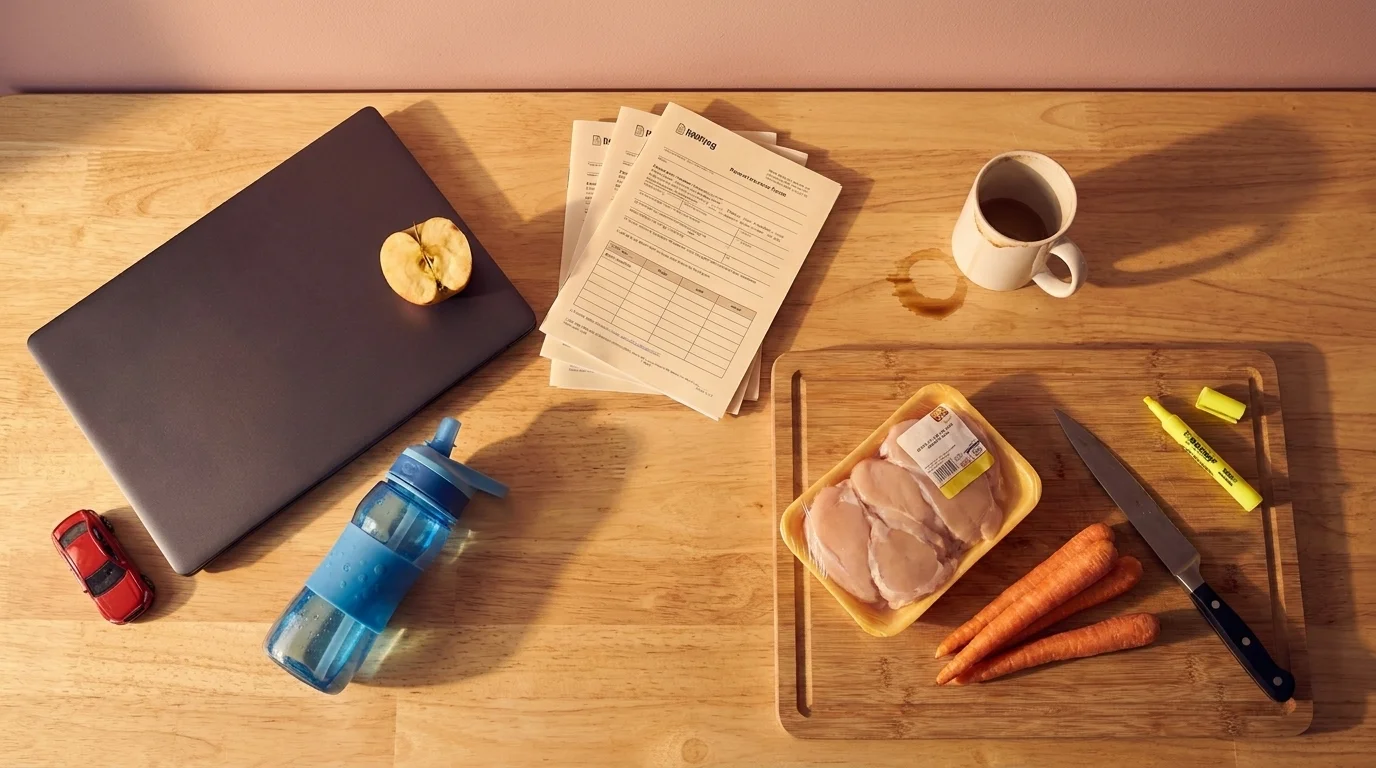 Overhead of a wooden counter with a closed laptop, school forms, apple, water bottle, raw chicken, carrots, and a cold mug