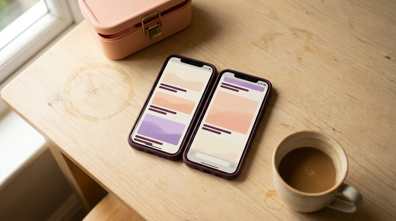 Overhead kitchen table with two phones side by side showing the same social-media feed at different stages of scrolling