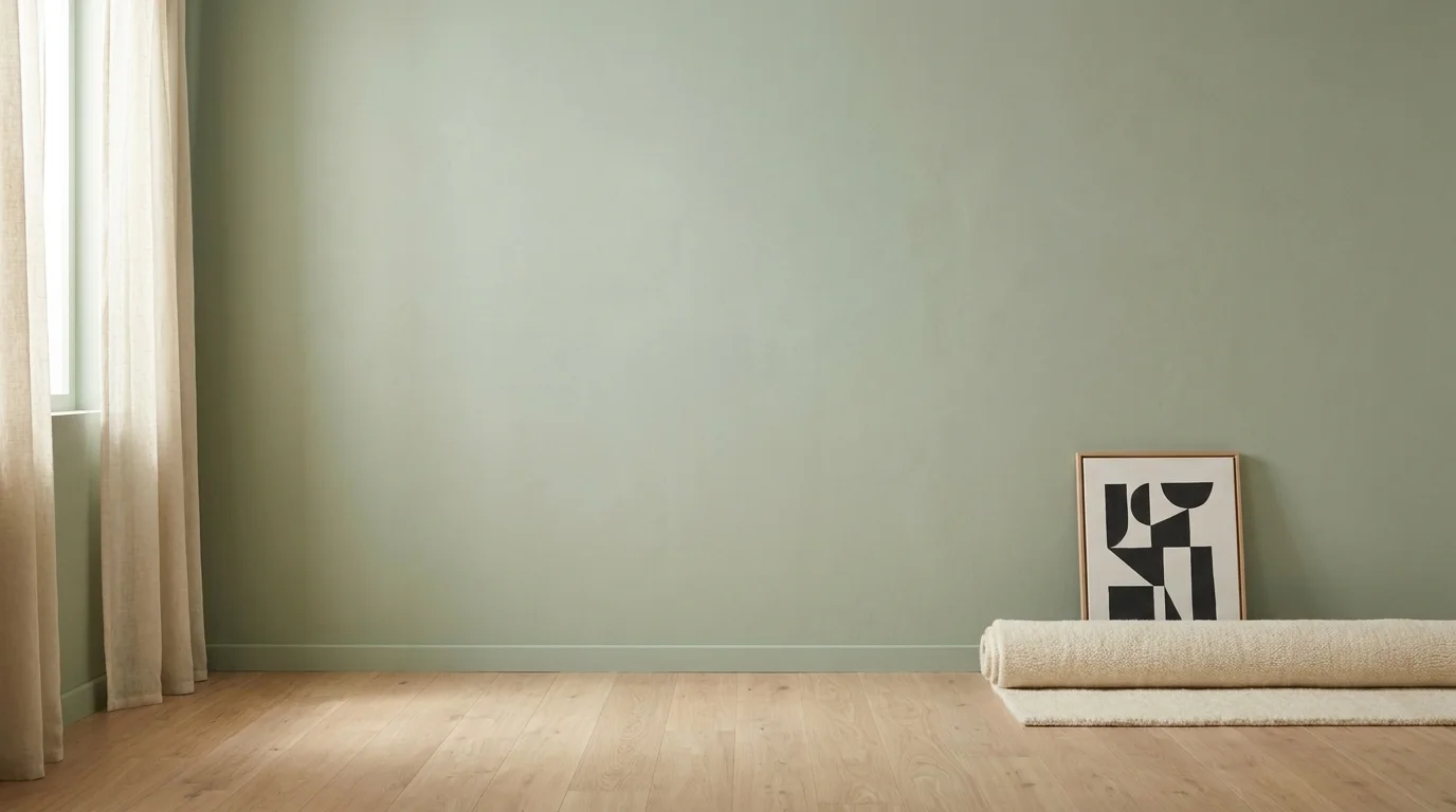 Unfurnished sage-green nursery wall with a small black-and-white geometric canvas at the skirting in morning light