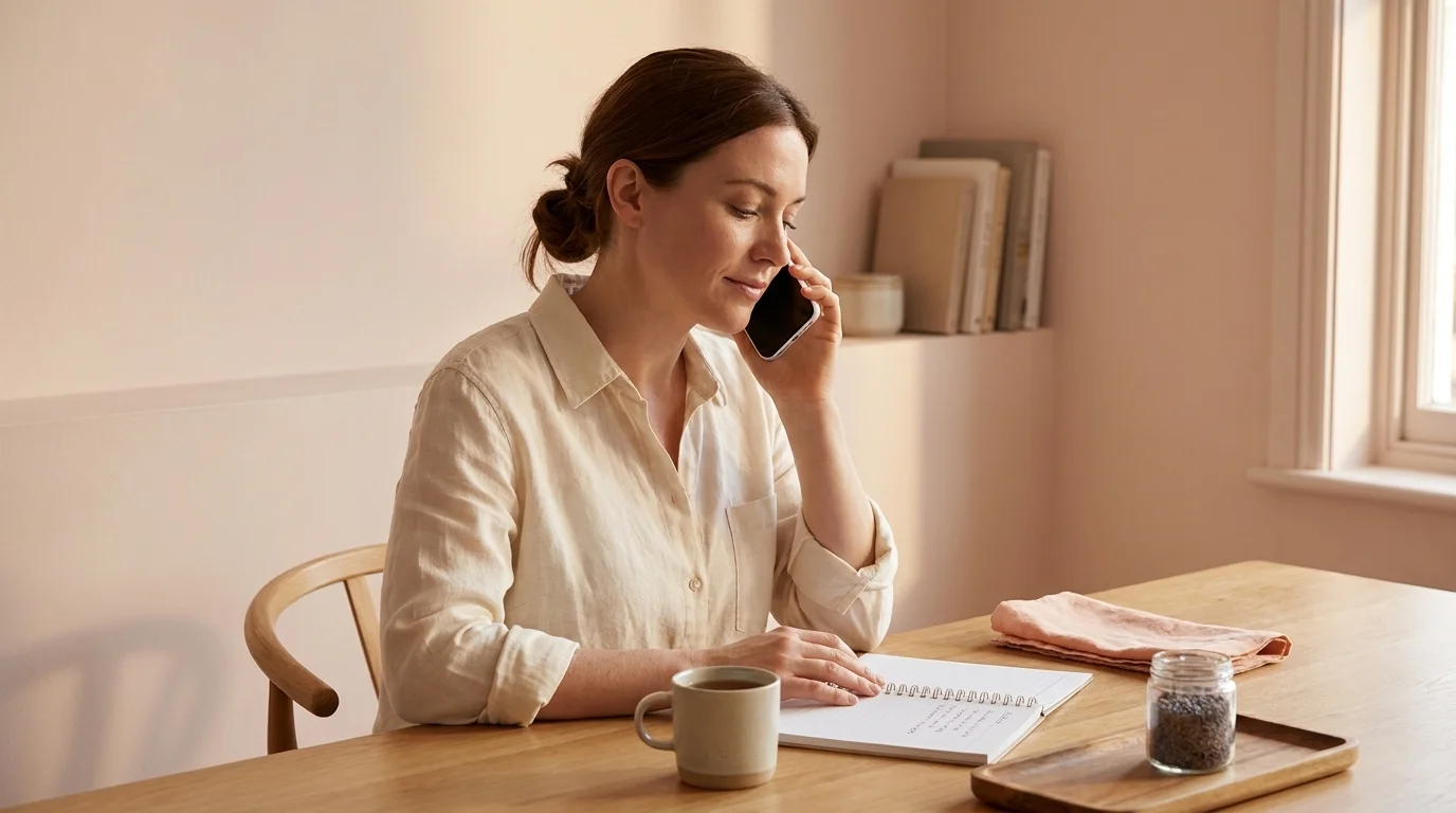 Woman at her kitchen table mid-call on a postpartum-support helpline with a notebook list beside her in soft afternoon light