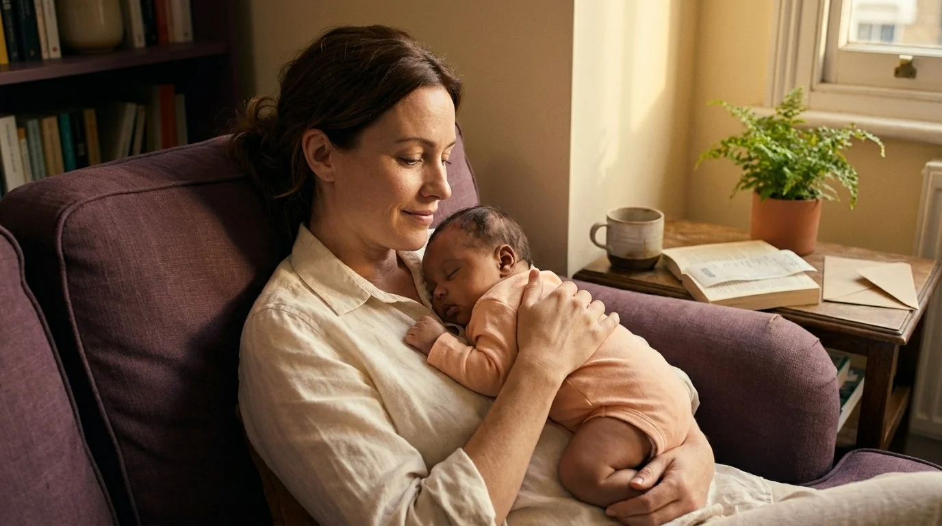Woman late thirties on a sofa with a sleeping newborn on her chest in soft afternoon light — a single mother by choice
