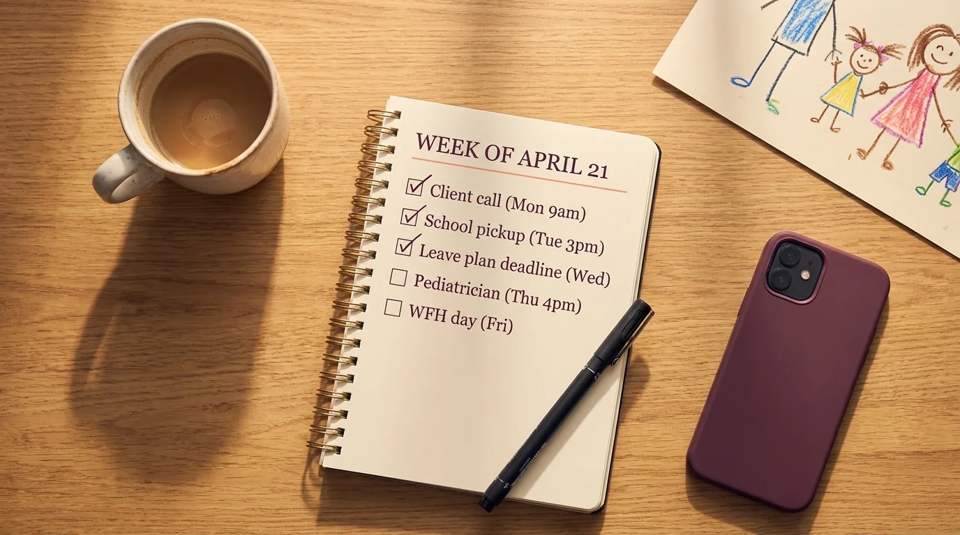 Notebook "Week of April 21" with five items — client call, pickup, leave plan, pediatrician, WFH — three ticked