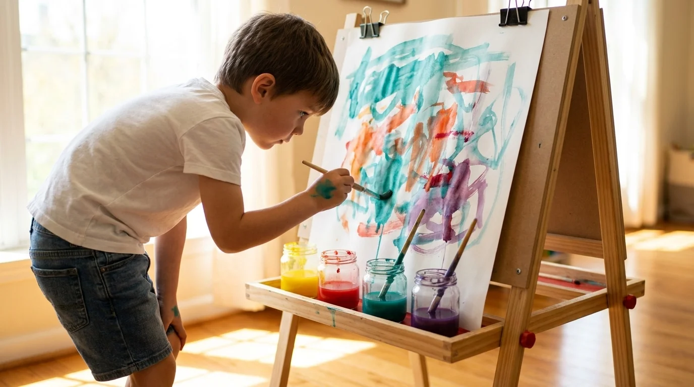 Five-year-old at a child-height easel painting with a brush mid-stroke, multiple jars of open paint on a tray