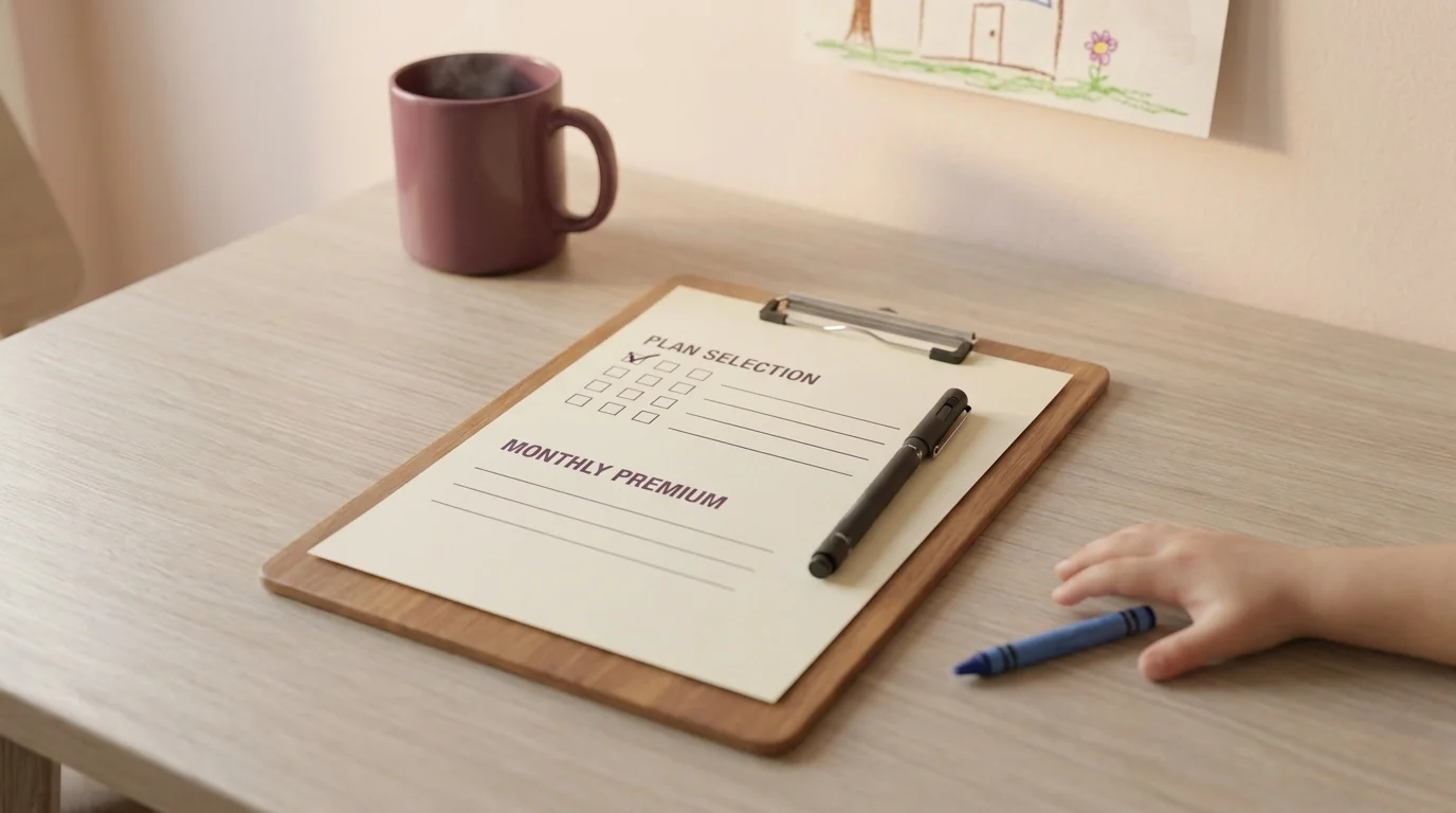 Clipboard with a self-employed health insurance form, capped pen, ceramic mug, child's hand reaching for a crayon