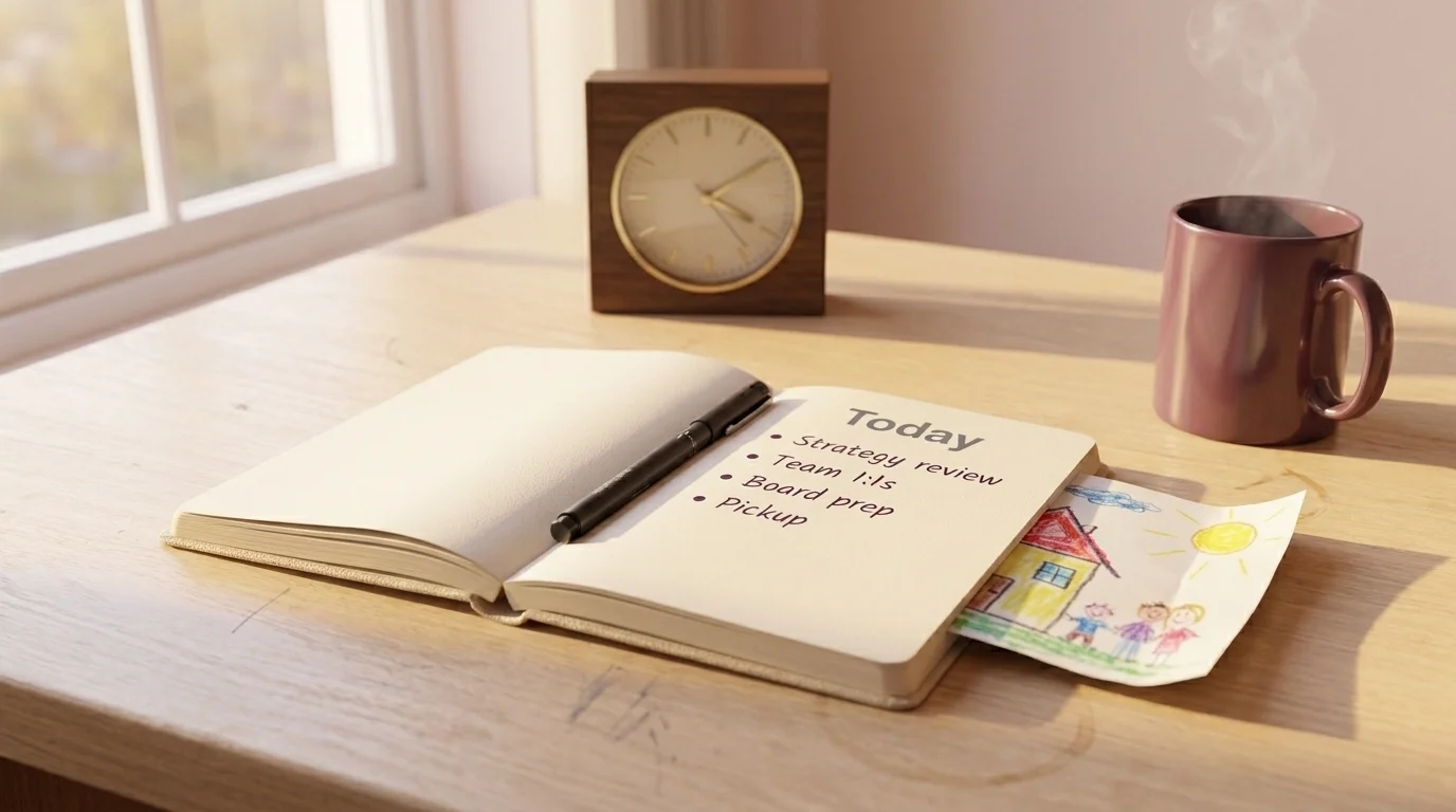 Half-finished agenda notebook on a desk with a child's drawing tucked into the margin, a clock reading late afternoon behind