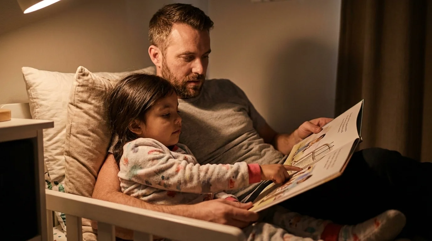 A father and his young daughter absorbed in a picture book at bedtime under warm lamplight