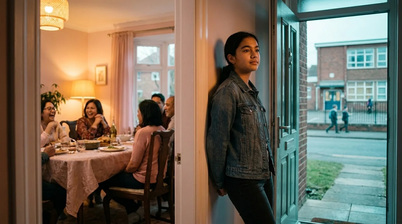 Teenager of immigrant heritage between a warm family gathering and a cooler everyday street scene