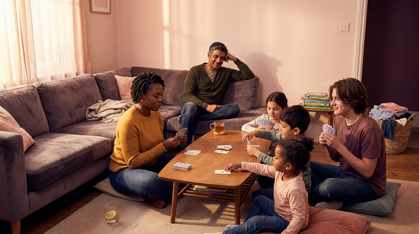 Blended family playing cards around a coffee table, one parent on the floor playing, the other on the sofa with tea