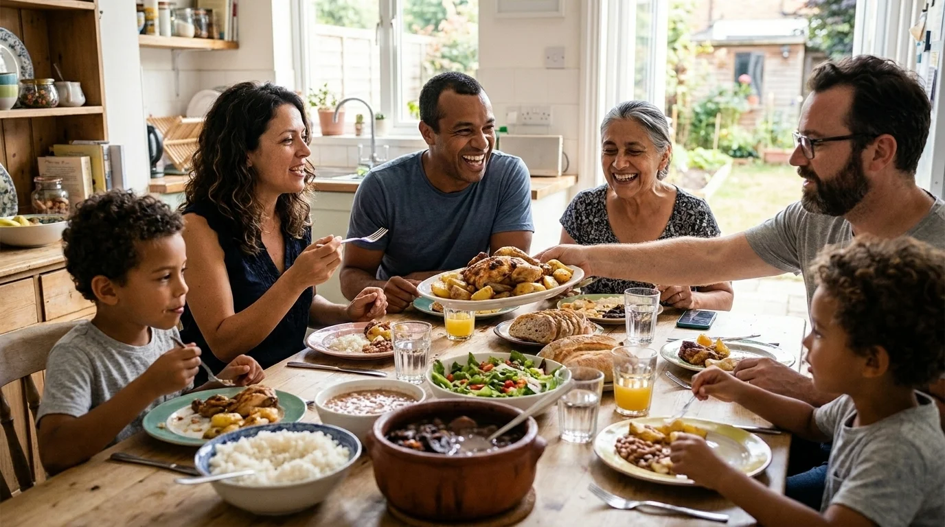A Brazilian diaspora family of several generations sharing a weekend lunch around a table in soft daylight