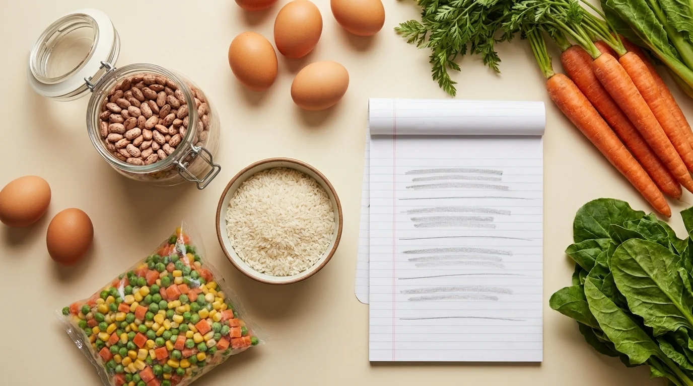 Overhead of budget staples, beans, rice, eggs, frozen and fresh vegetables, beside a simple meal-plan notepad