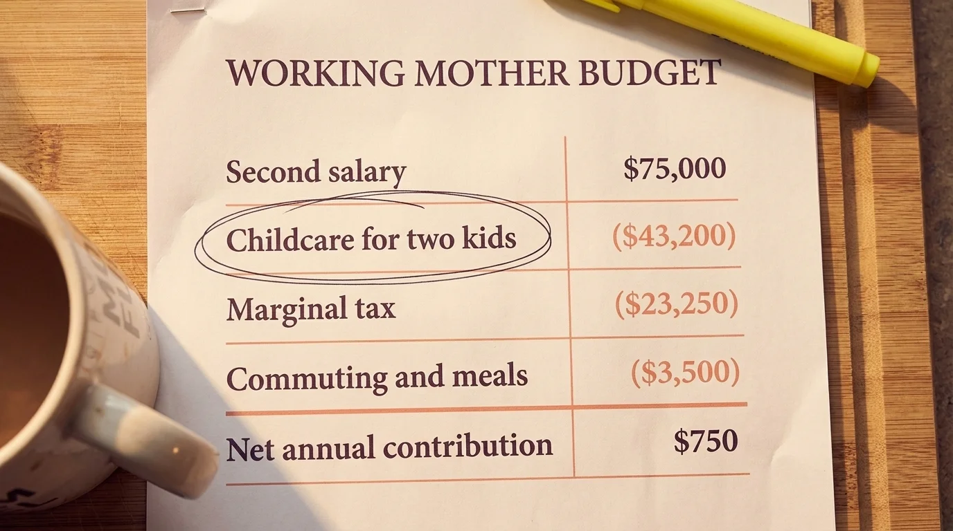 "Working Mother Budget" worksheet showing $75,000 second salary minus childcare, tax, and commute, netting $750