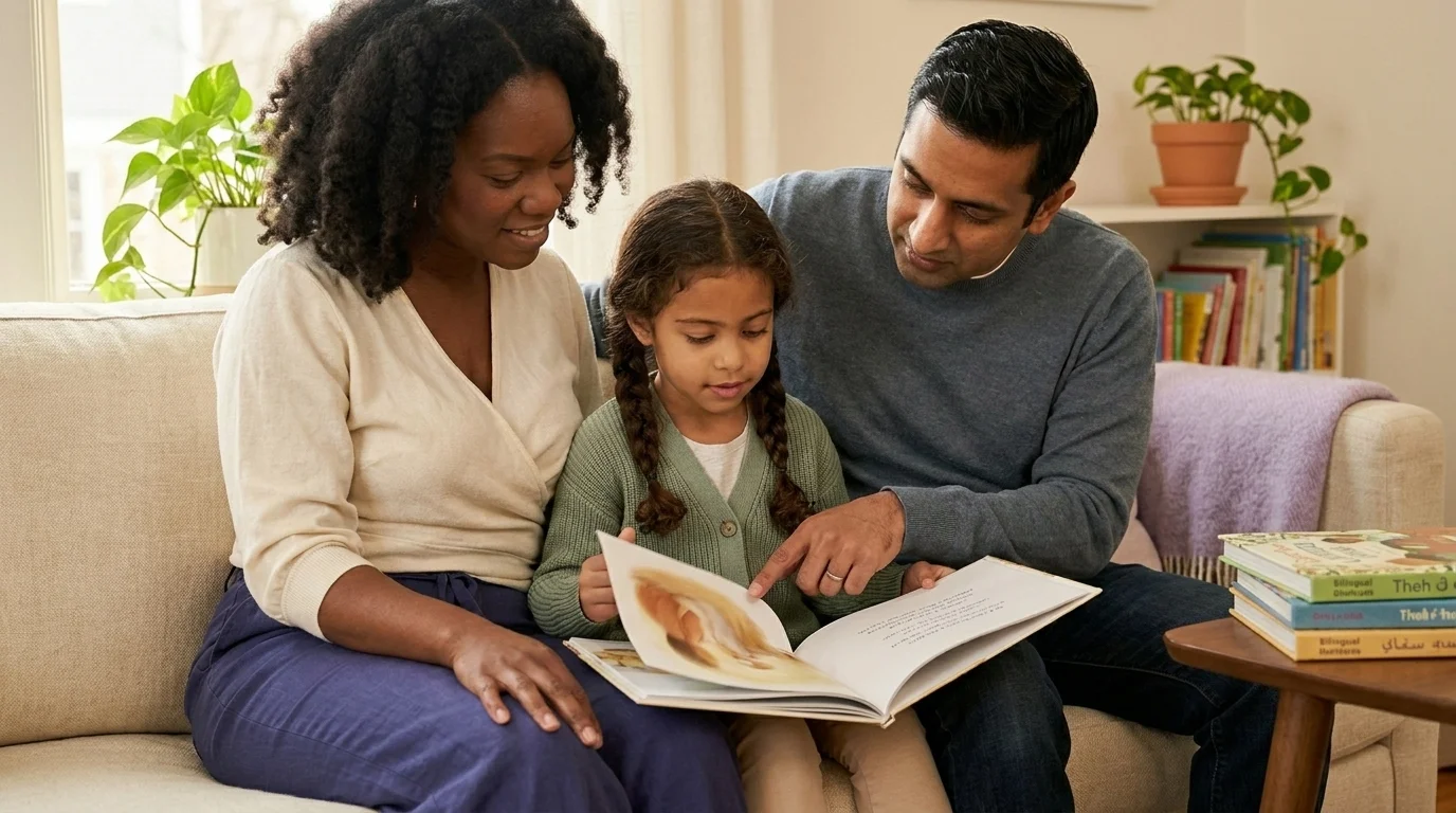 Child reading a bilingual picture book between two parents — one pointing to a word, the other listening in warm light