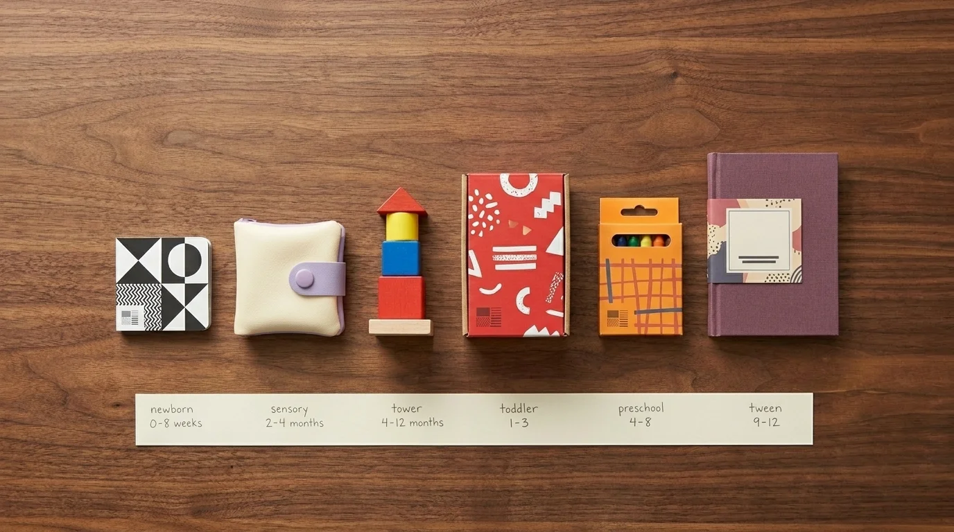 Row of children's product packaging by age — B&W cards, pastels, saturated primaries, crayon boxes, muted tween journal