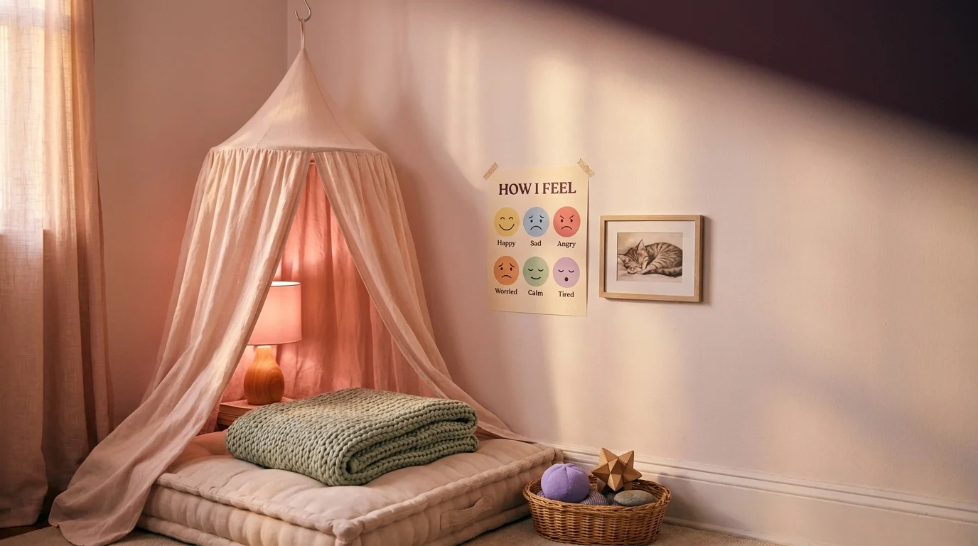 Calm-down corner with a linen canopy, lamp, sage weighted blanket, six-face emotion chart, and a basket of fidget tools