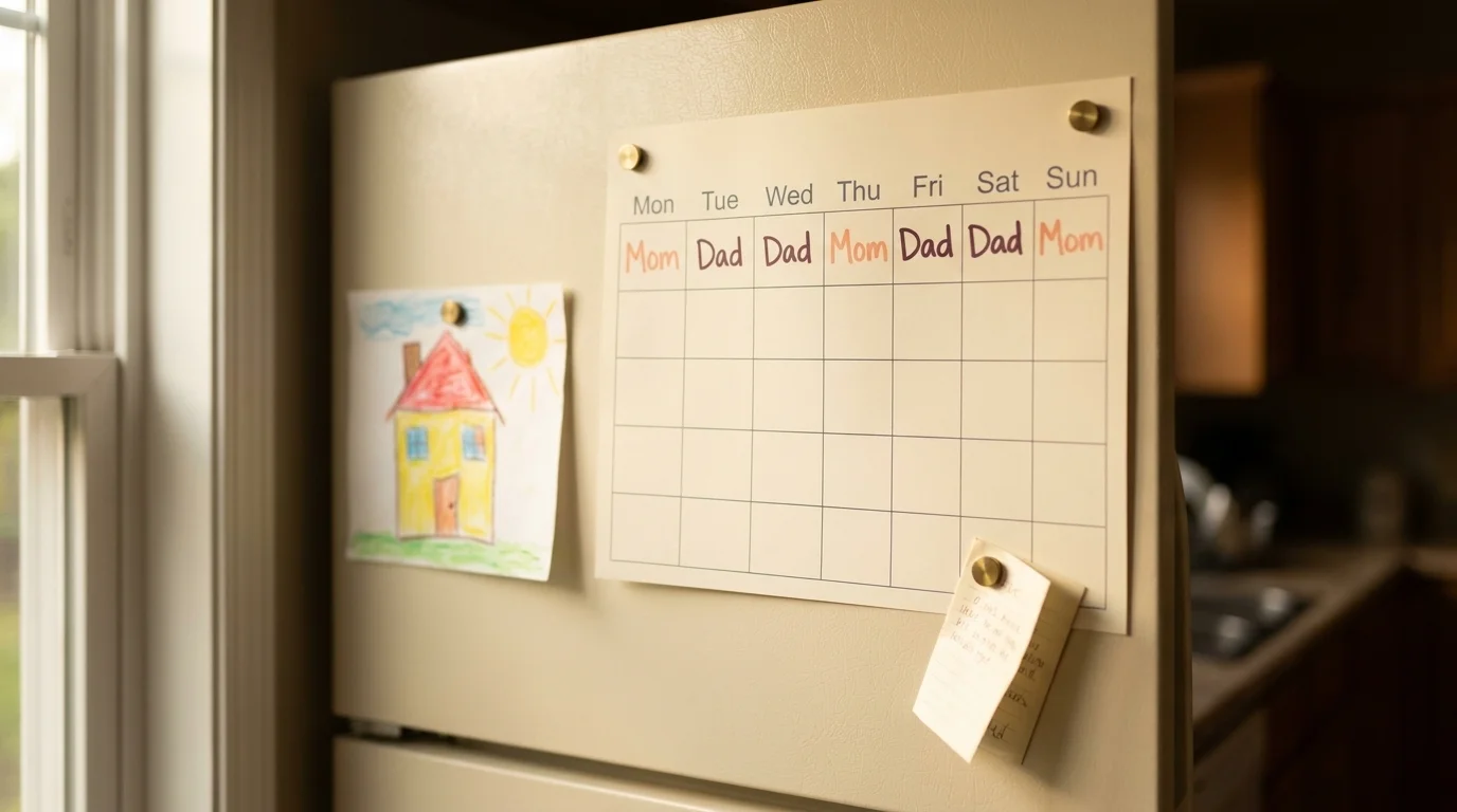 Calendar pinned to a fridge with custody-schedule notes in coloured markers in late-afternoon natural light