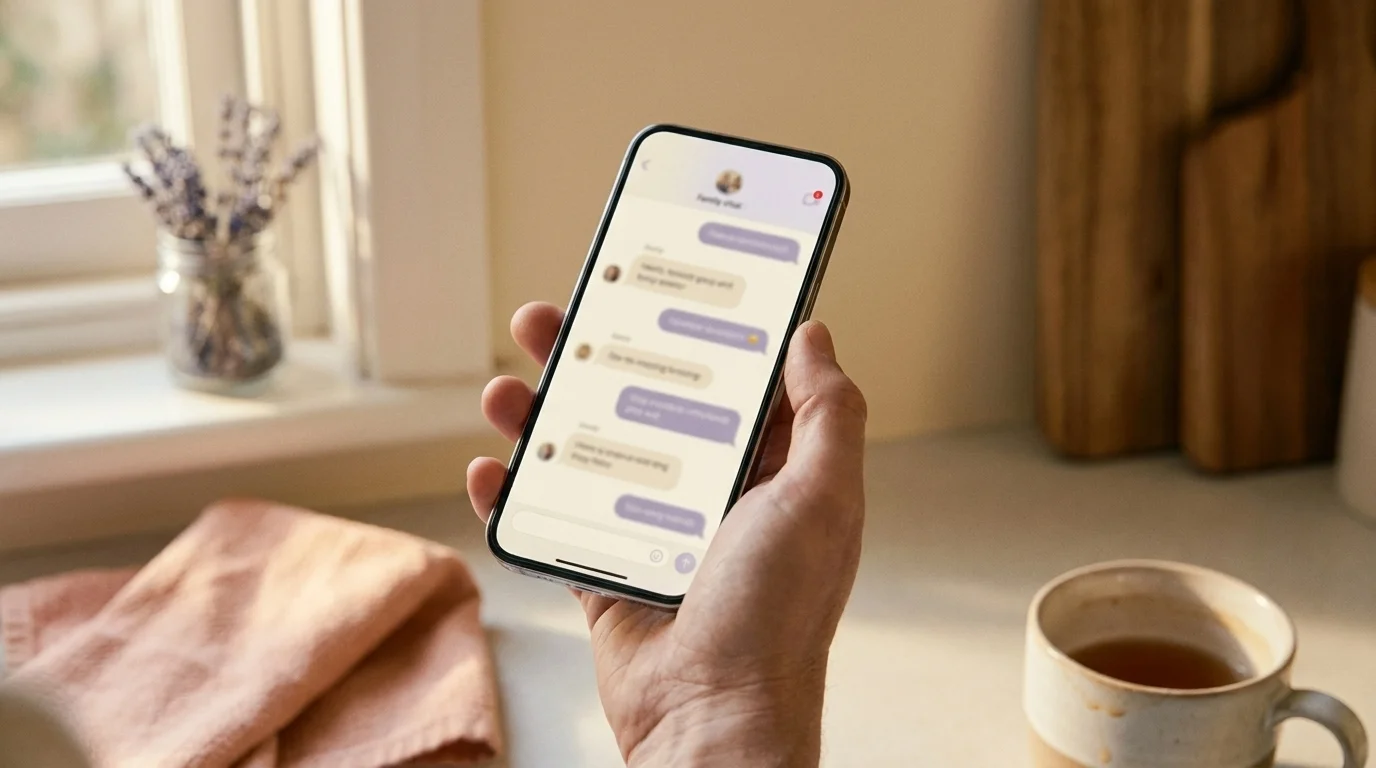 Family group chat on a smartphone in a kitchen, content blurred — the digital layer of family and identity in 2026