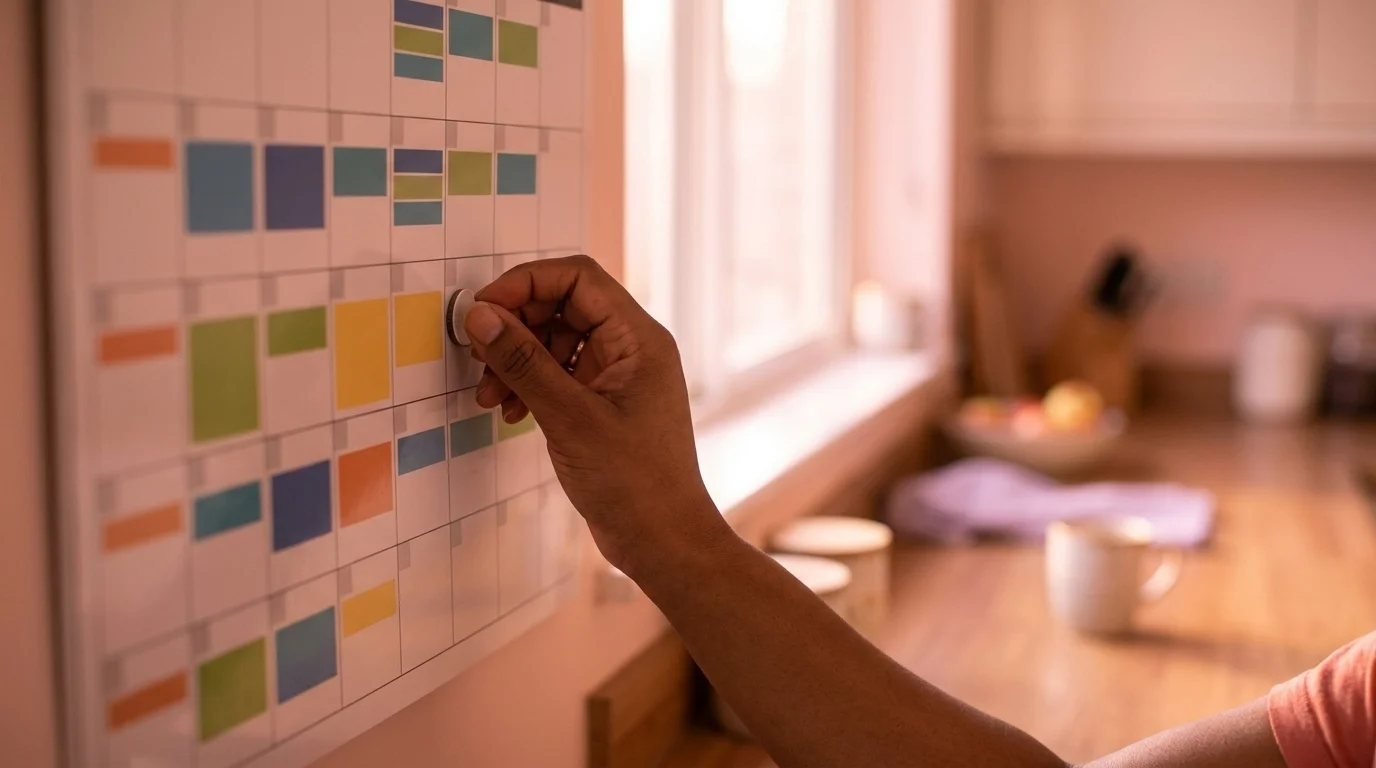 A family kitchen wall calendar filled with colour-coded blocks for work, pickups and childcare, a hand adding a magnet