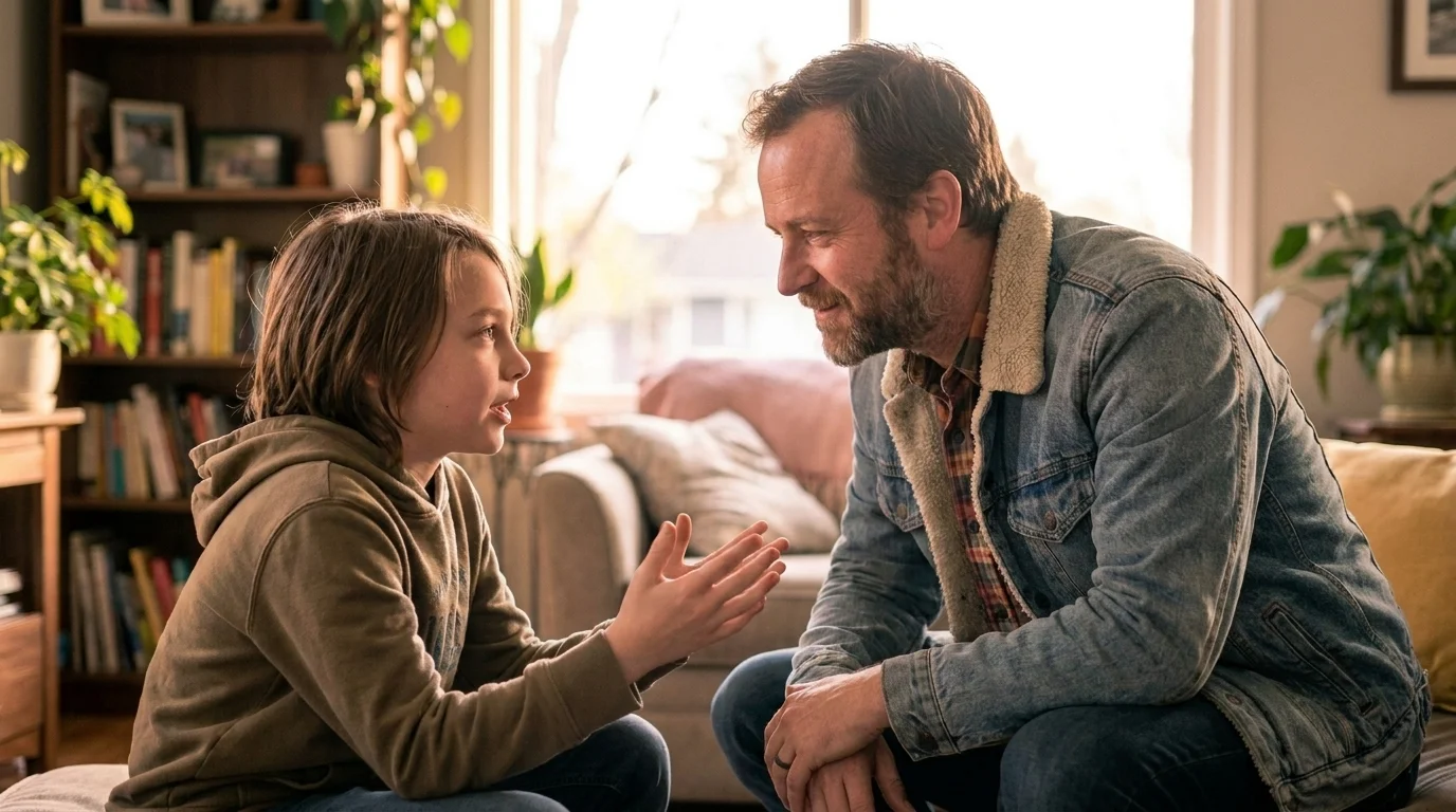 Father crouched to his child's eye level, listening closely with no phone in sight, in soft daylight