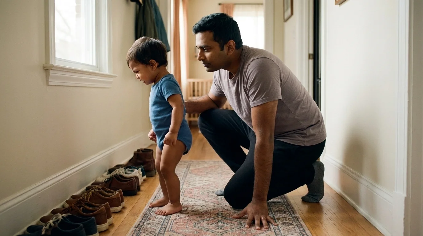 Father kneeling at eye level with his toddler mid-tantrum in a hallway, calm and attentive, child turned away
