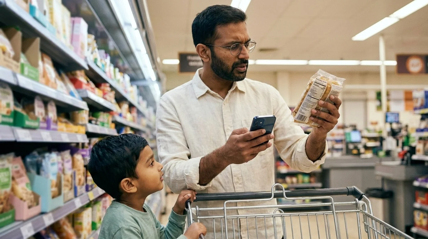 Father in a supermarket aisle comparing a product label against his phone, small child in the cart — marketing to dads
