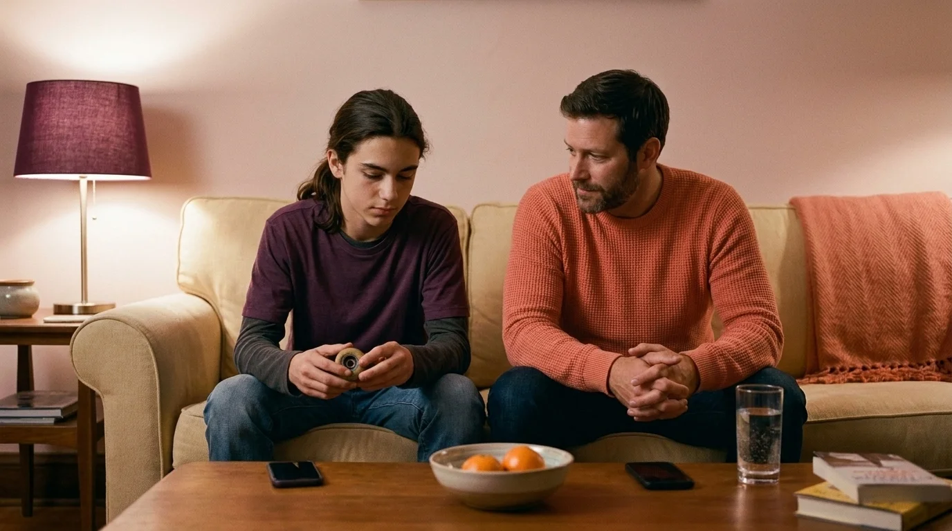 Father and teen son sitting side by side on a couch facing forward, phones face-down on the coffee table, mid-conversation