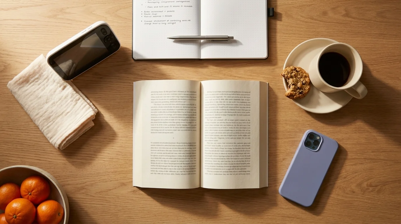 Flat-lay of parenting paperback, coffee mug, face-down phone, baby monitor and a notebook with bullet-point handwriting