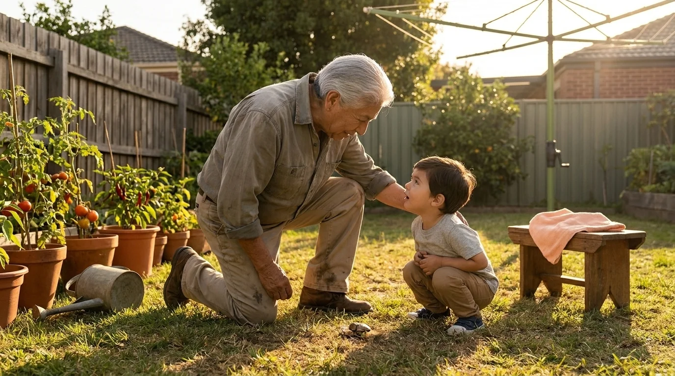 Grandfather and grandchild kneeling in a back garden together — the slow outdoor childhood of village parenting