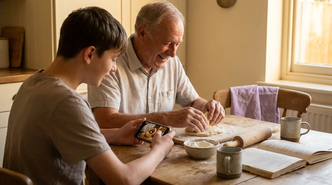 Grandfather and teen at a worn kitchen table — teen holds a phone tutorial while grandfather folds dough in soft window light
